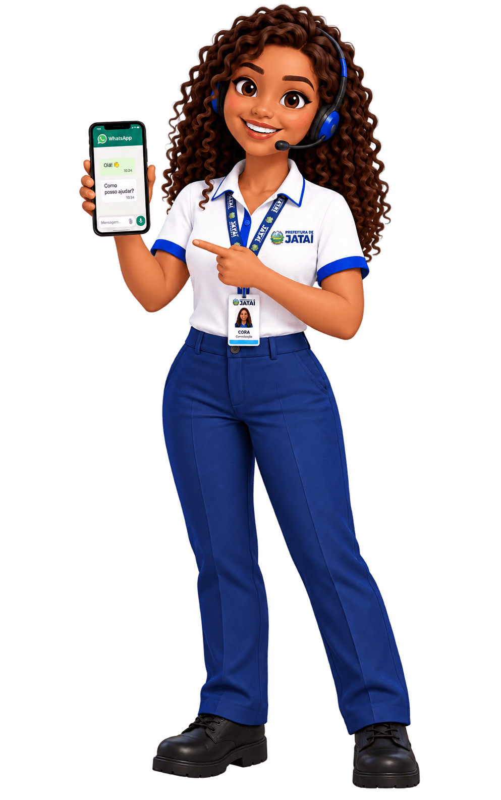 Cora, assistente da Prefeitura de Jataí, com headset e celular na mão